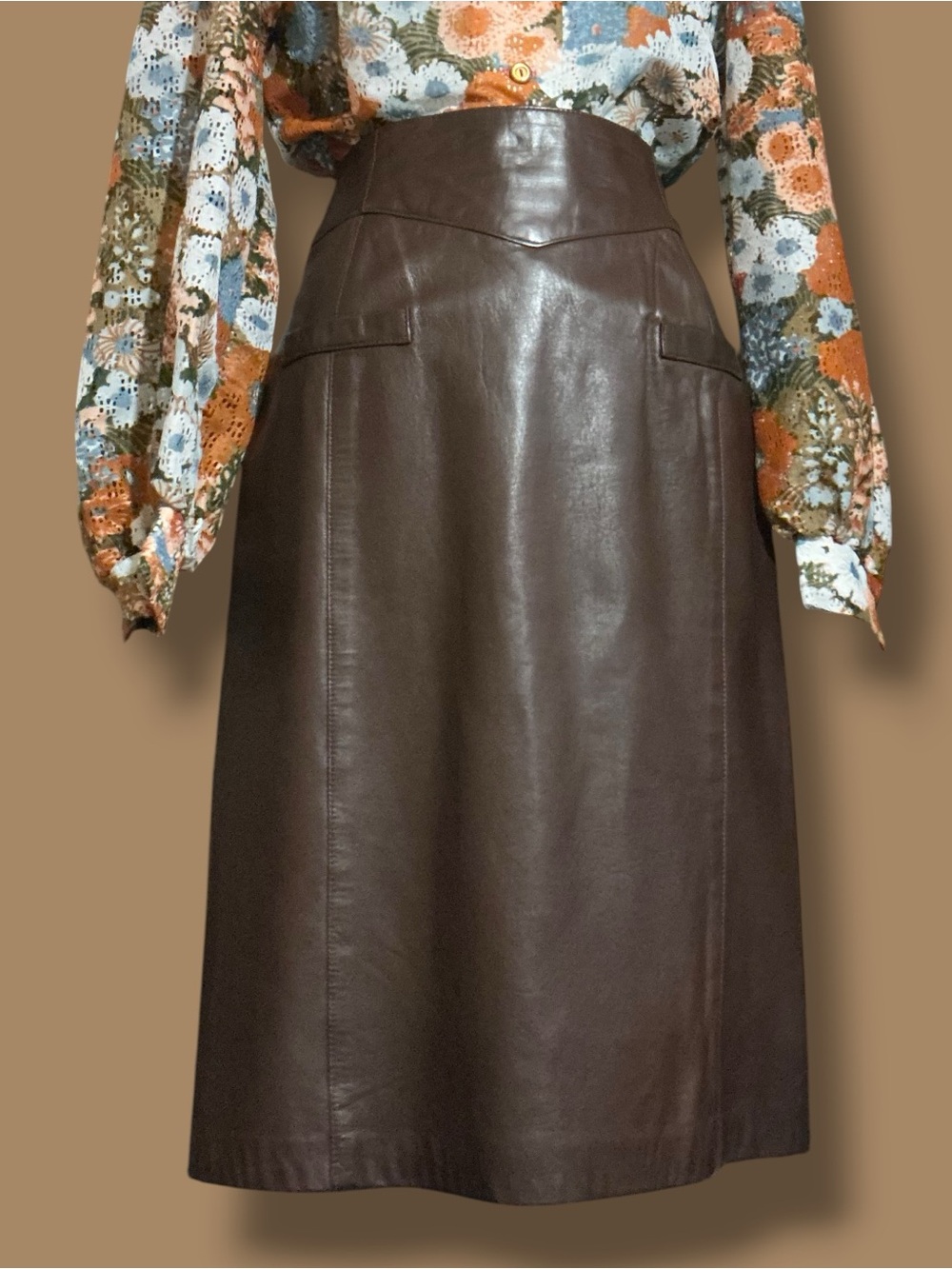 Vintage Maxima Chocolate Brown Leather High Waist Pencil Skirt 8